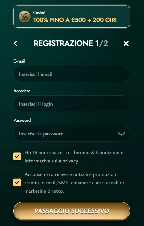 Cashed Casino Registration form step 1