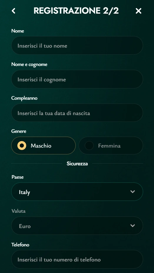 Cashed Casino Registration form step 2